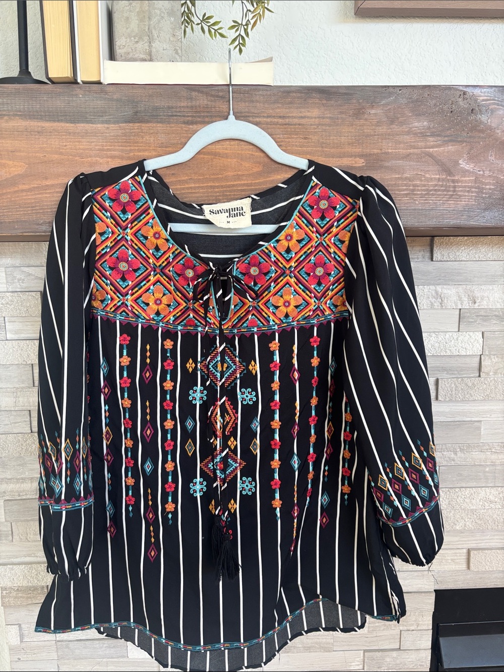 Savanna Jane Black Embroidered Tie-Front Boho Tunic
